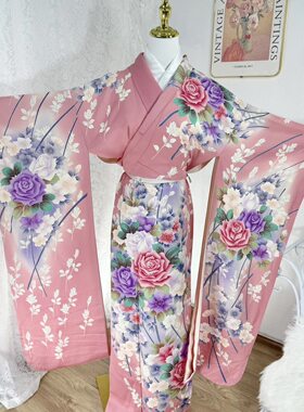 粉色系-捡漏清仓日本进口珍藏正统正绢真丝豪华振袖和服中古女装