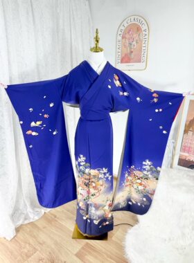深蓝色-捡漏日本进口珍藏正统正绢真丝豪华振袖和服中古女装