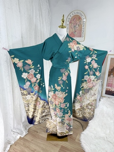 绿色系捡漏日本进口珍藏正统正绢真丝豪华振袖和服中古女装