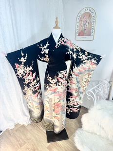 黑色系-捡漏清仓日本进口珍藏正统正绢真丝豪华振袖和服中古女装