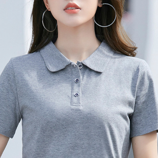 扣子翻领纯色百搭短袖 t恤女大码 打底衬衣领上衣中年妈妈纯棉半袖