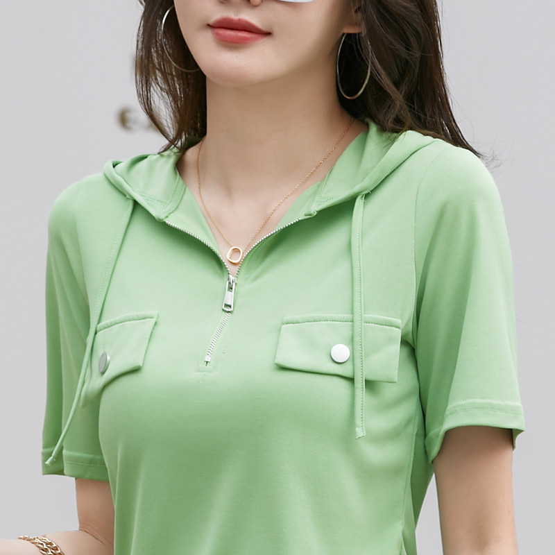 拉链连帽短袖t恤女大码宽松胖mm带帽卫衣薄款中老年妈妈大码帽衫