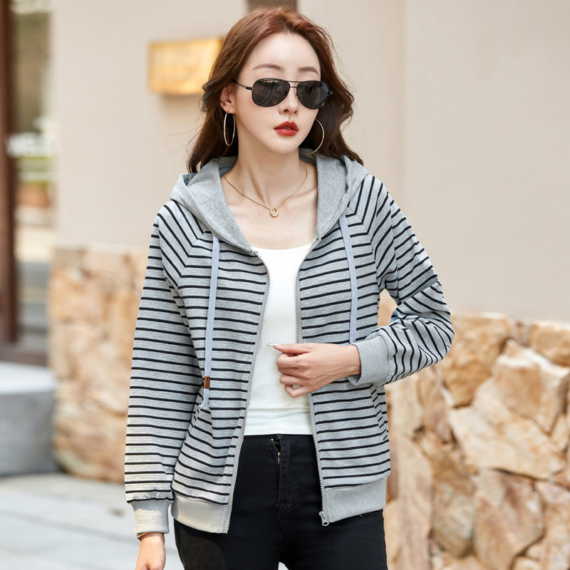 开衫连帽条纹口袋长袖纯棉t恤大码宽松加肥胖mm遮肚外套妈妈卫衣