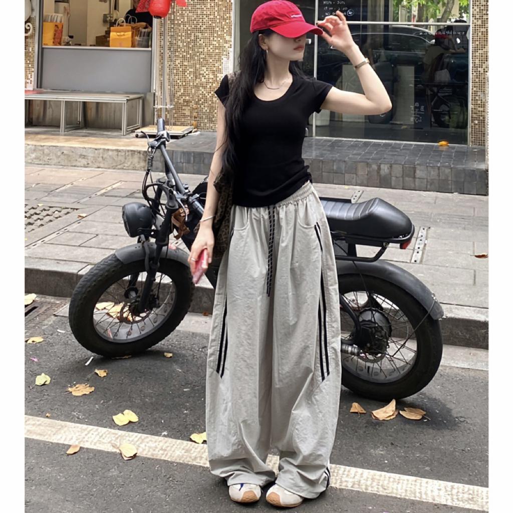 艾格夏季高腰薄款条纹束脚裤图片