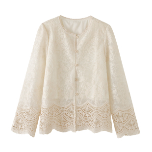 小个子高级感宽松洋气上衣 女2026春夏季 艾格镂空提花蕾丝长袖 衬衫