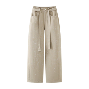 高腰宽松显瘦直筒阔腿裤 艾格时尚 女夏薄款 牛仔裤 复古卡其系带工装