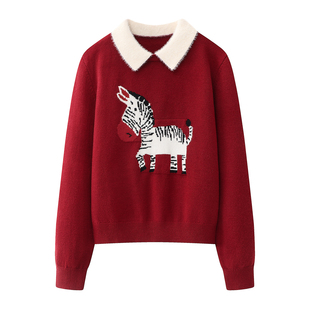 艾格2025冬新款 趣味减龄小马提花毛衣女假两件撞色翻领拼接针织衫