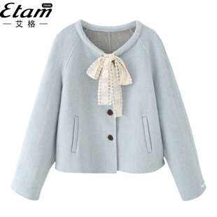 小香风甜美 宽松显外套女气质款 艾格秋冬新款 双面羊毛大衣女短款