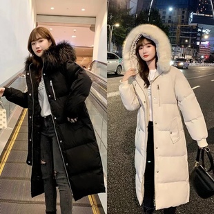 艾格连帽中长款羽绒棉服外套女2025冬季新款百搭过膝加厚羽绒棉衣