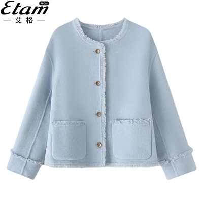 艾格法式流苏毛边小香风毛呢大衣女2025春高级感洋气短款毛呢外套