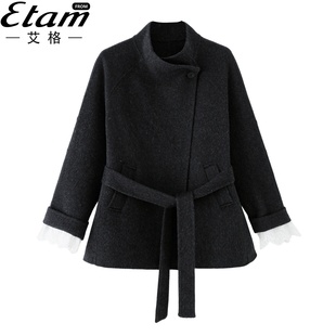 艾格大衣双面绵羊毛女小个子短款2025秋款赫本风收腰显瘦毛呢外套