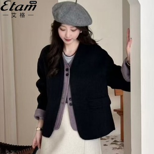 艾格撞色假两件小众设计感百搭双面羊毛大衣女秋冬新款 高级感外套