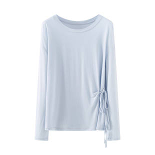 收腰显瘦刺绣上衣休闲通勤学生党 新款 艾格圆领抽绳长袖 T恤女春季