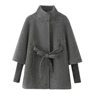 艾格双面绵羊毛大衣女2025年冬新款 设计感宽松显瘦立领系带呢外套