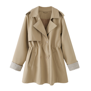 口气质外套 双排扣翻领格纹袖 艾格卡其色风衣女2026新款 收腰中长款