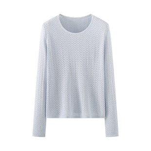 毛衣空调防晒罩衫 艾格薄款 长袖 女秋新款 米白 镂空微透一字领针织衫