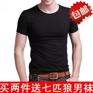运动弹性t恤紧身打底汗衫 秋夏男V领纯棉短袖 圆领修身 T恤男装 韩版