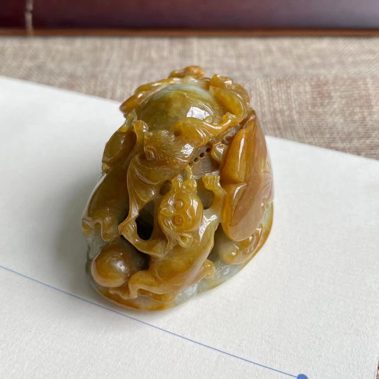 缅甸天然翡翠细糯种黄翡精雕福寿如意摆件把玩件