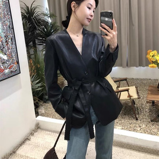 气质系带腰两粒扣V领洋气小个字皮衣西装 时尚 外套春 新款 2025春季