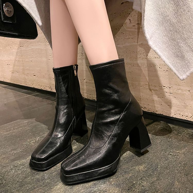 法式方头粗跟显高弹力短靴女黑色