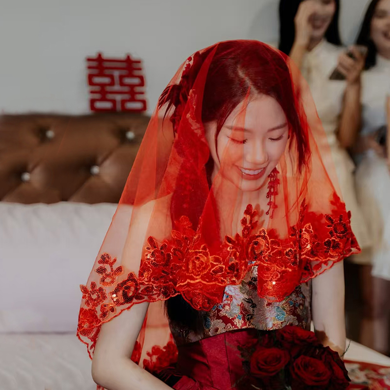 新娘红盖头结婚头纱红色