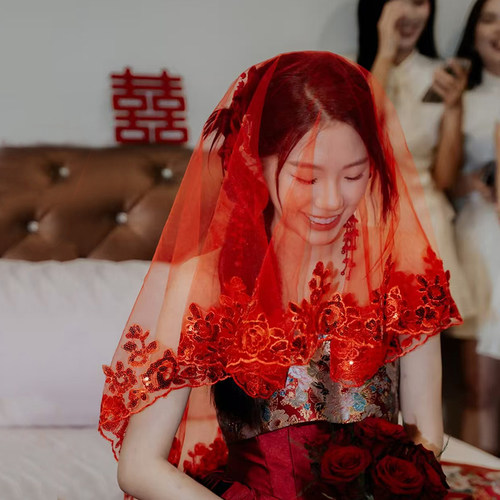 新娘红盖头结婚头纱红色