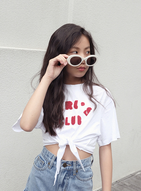 BBW潼家 23SS女童下摆打结T恤中大童短袖宽松字母绑带上衣04/21