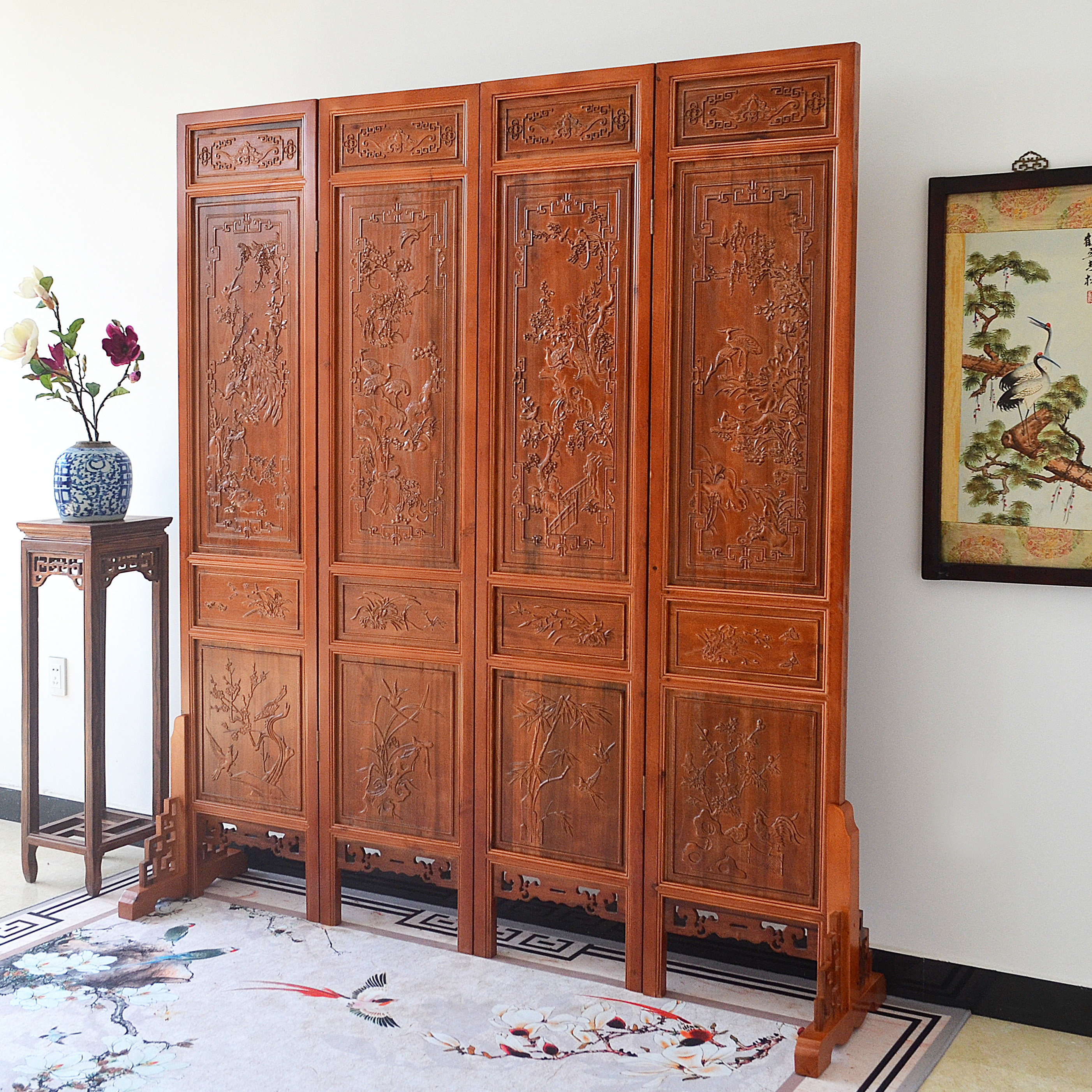 屏风复古中式 实木隔断 梅兰竹菊 双面雕花移动折屏 酒店客厅玄关