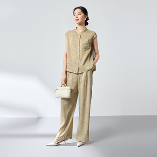 丝麻混纺 套装 通勤立领小衫 上衣长裤 2615 提花炒色无袖 水墨26夏