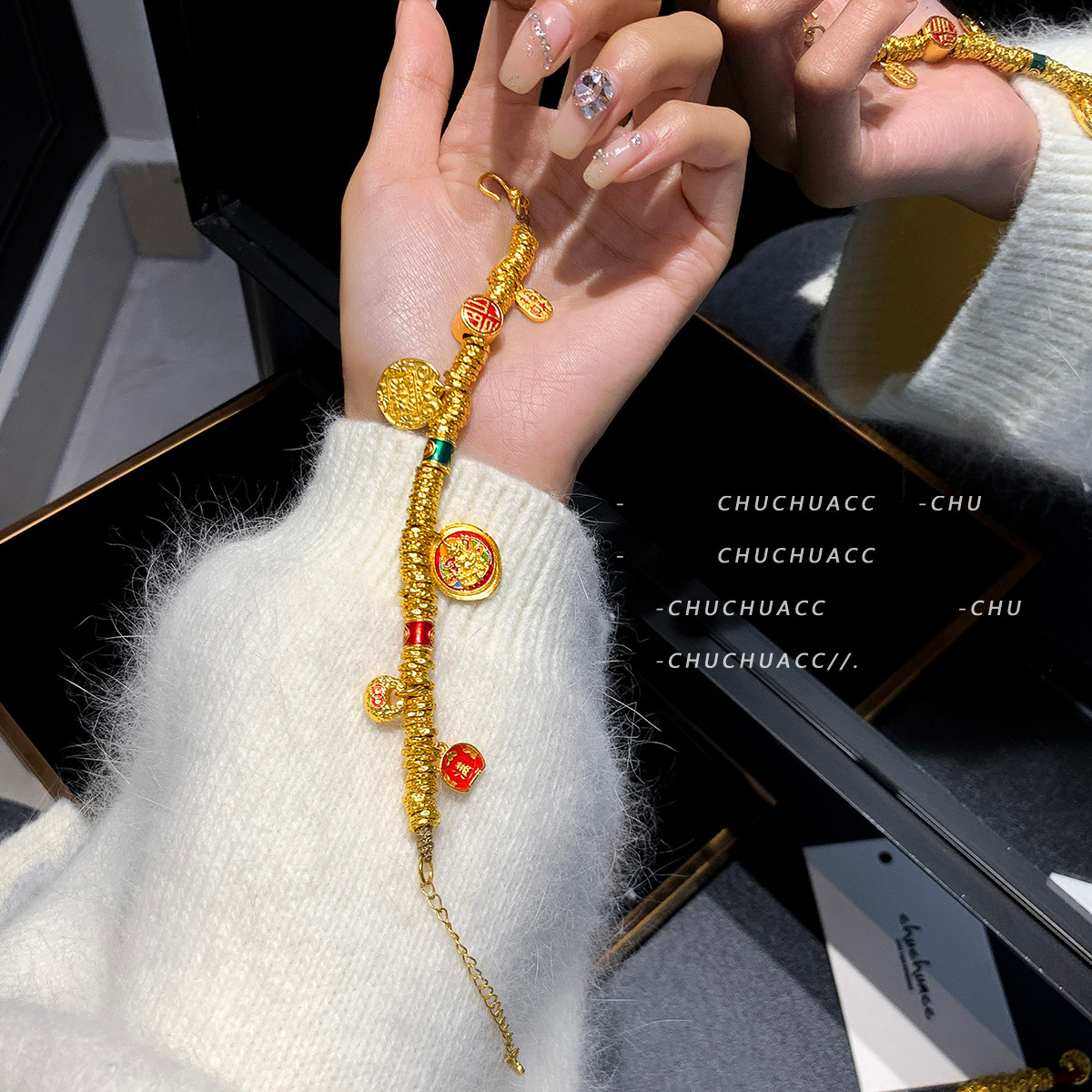 韦雪同款黄金盘缠手链黄财神珐琅小胖福铜钱串本命年手串新年礼物