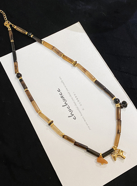 小马吊坠秋冬美拉德色系项链女红黑玛瑙竹节串珠锁骨链轻奢高级感