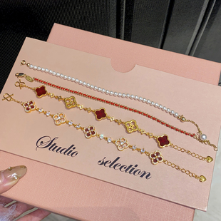 金店同款红色镂空五花四叶草24K黄金色手链本命年编织红绳 强保色