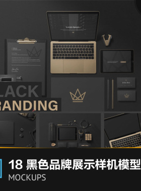 黑色商务品牌展示企业VI形象设计文具电脑元素场景样机模型Mockup