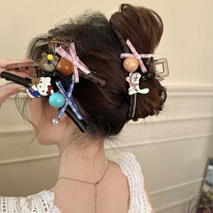 2026时尚 萌趣可爱大号抓夹女格纹蝴蝶结珠珠盘发夹感鲨鱼夹后脑勺