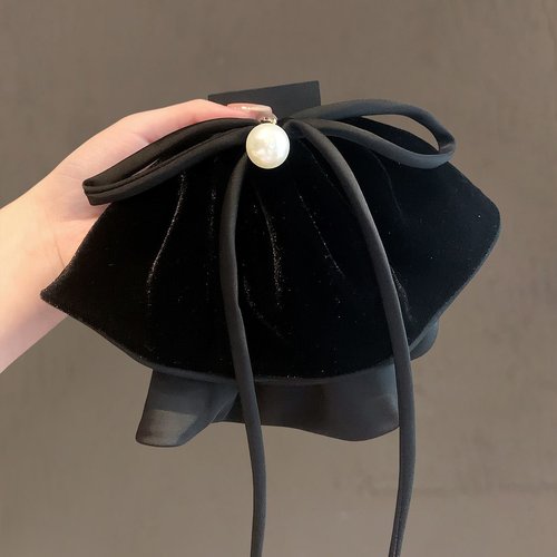 2026时尚法式复古珍珠丝绒飘带抓夹黑色蝴蝶结扎高马尾夹后脑勺