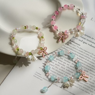 2026时尚 春夏甜美日韩流行珍珠铃兰花手串女文艺粉色渐变串珠手链