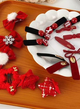 2026时尚新年款红色五角星蝴蝶结发夹女甜酷y2k毛绒发卡小众百