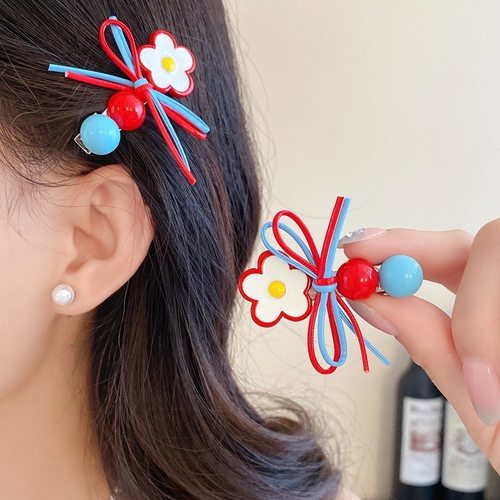 韩系红蓝撞色发夹小花蝴蝶结圆珠侧边夹头饰2025新款碎发刘海夹