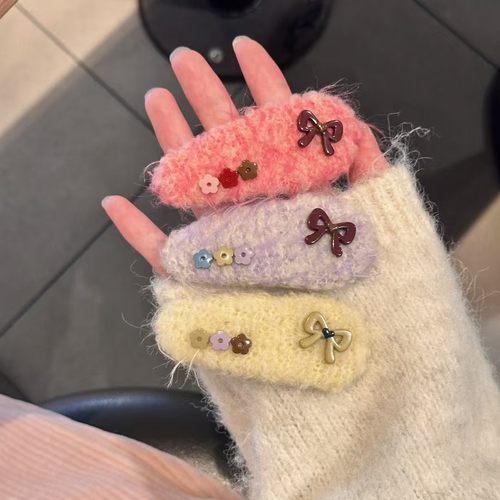 韩系甜美毛绒针织发夹蝴蝶结小花边夹秋冬心可爱刘海夹