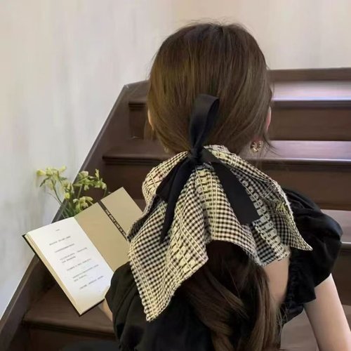 2026时尚蝴蝶结格纹超大号方形发圈头饰感桑稚同款气质方巾大肠