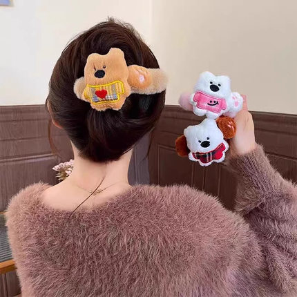 卡通可爱小熊发夹大肠发圈后脑勺边夹侧边发卡毛绒公仔鸭嘴夹头饰