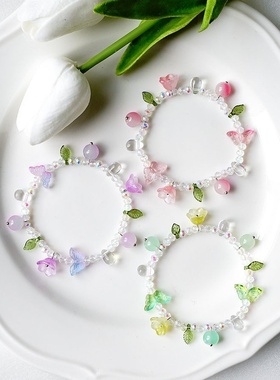 2026时尚仙气森系蝴蝶花朵弹力线串珠水晶手链女古风蝴蝶元素小众