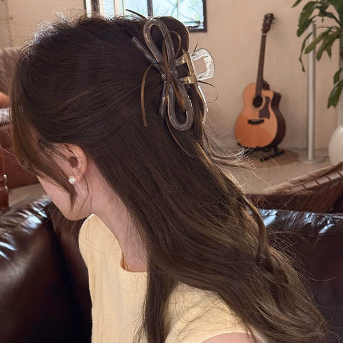 韩国新款亚克力大号蝴蝶结飘带抓夹后脑勺发夹法式盘发鲨鱼夹头饰