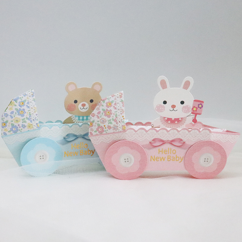 日本新生儿立体祝福贺卡兔子熊宝宝纪念婴儿摇篮诞生周岁卡通亲子