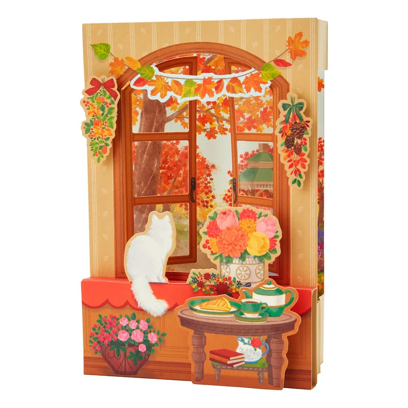 日本秋季立体贺卡猫咪窗台母亲节毕业季感谢老师礼物风景万用卡