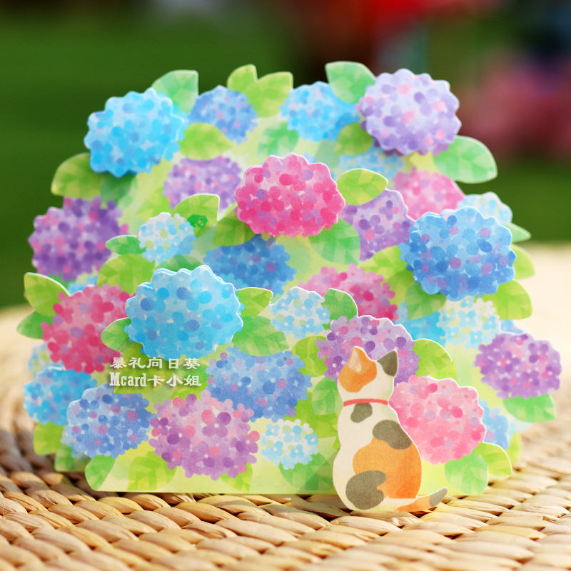 日本夏日绣球花猫咪立体贺卡温馨可爱桌面摆件祝福心意卡谷美道具