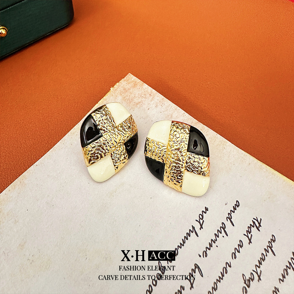 银针几何菱形交叉珐琅釉银针耳钉复古宫廷风耳环小众中古耳饰