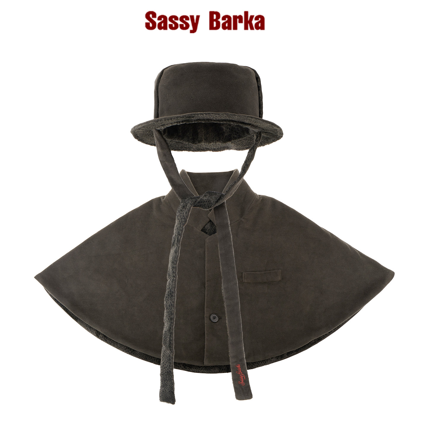 SassyBarka双面戴暗夜访客系带短檐礼帽披肩斗篷套装秋冬豹纹设计