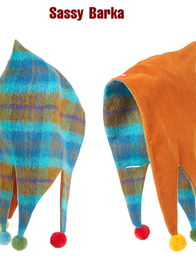 SassyBarka旋转木马双面撞色丝绒羊毛彩色绒球尖顶童话帽子男女