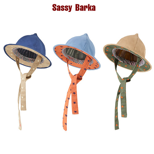 SassyBarka高饱和撞色尖顶星星刺绣系带短檐遮阳造型渔夫户外帽子
